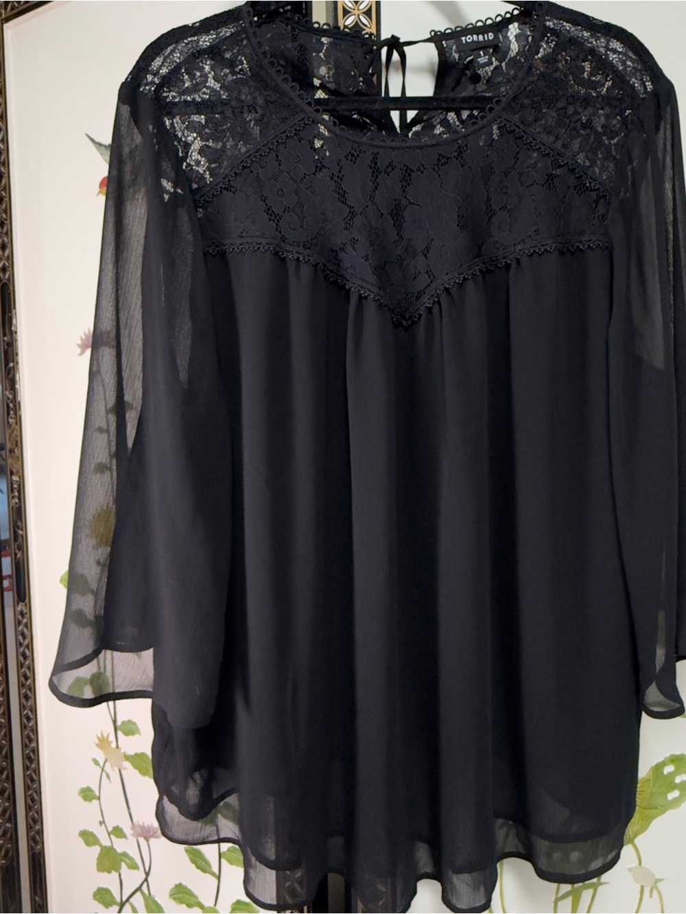 Torrid Black Pintuck Lace Trim Chiffon Blouse Sheer 3/4 Sleeve Plus Size 1X 1